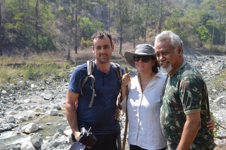 Xanana Gusmao with ABC camera man Brant Cummins and producer Sashka Koloff