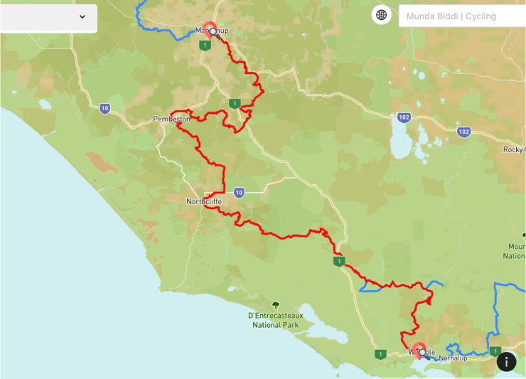 Walpole to Manjimup cycle map